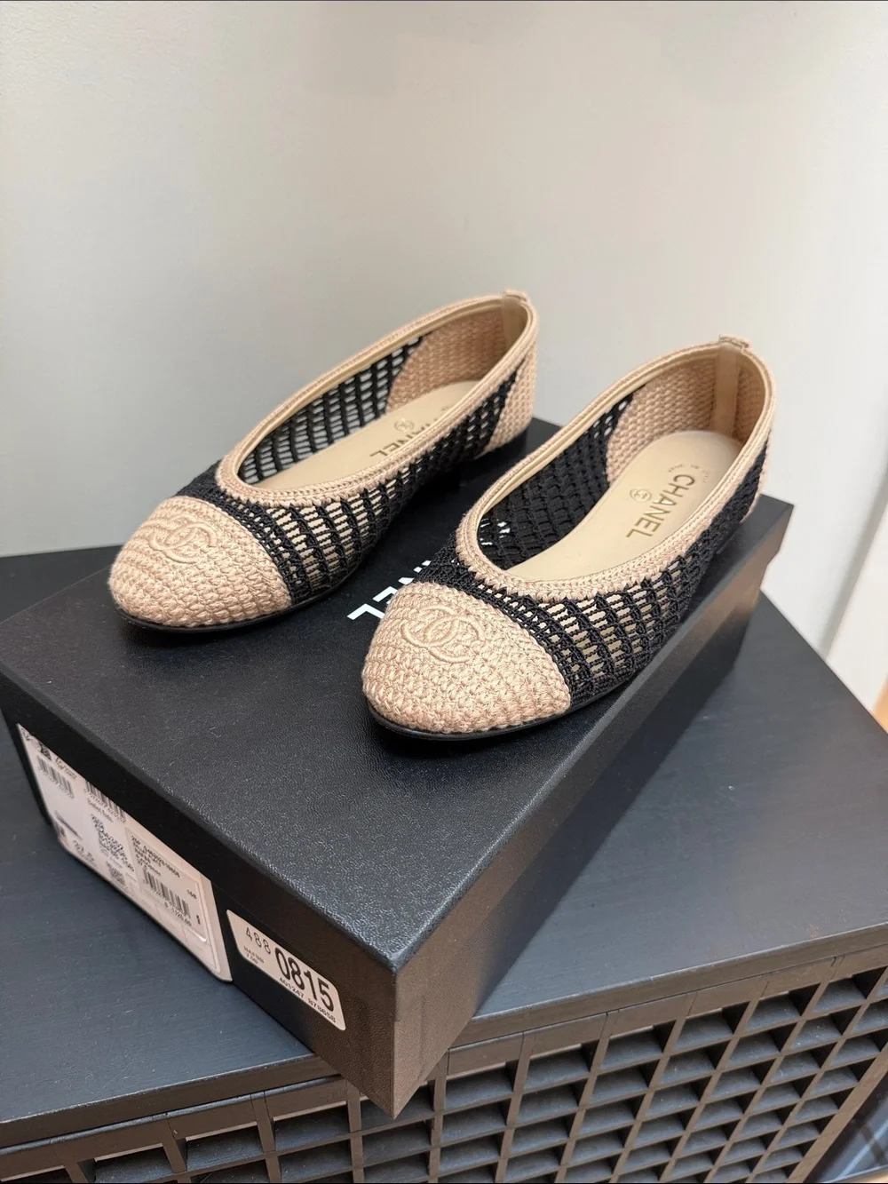 CHANEL Beige and Black Woven Ballet Flats